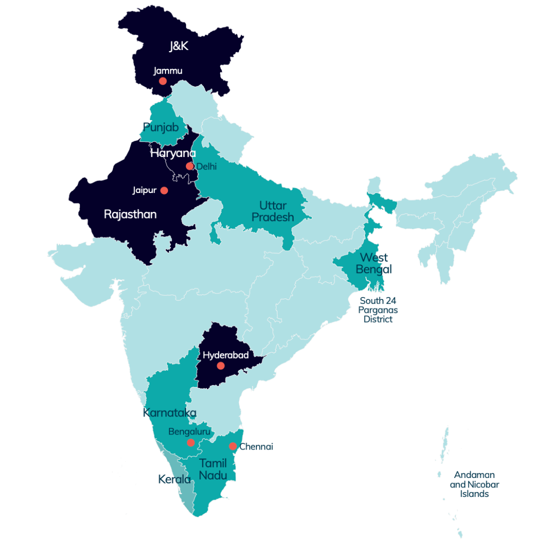 Photo Caption: Map indicating Rohingya populations in India. Areas with the largest Rohingya populations are indicated in dark blue, areas where they reside in smaller numbers are lighter, and areas with no registered Rohingya population are pale blue. Photo by DAJI.